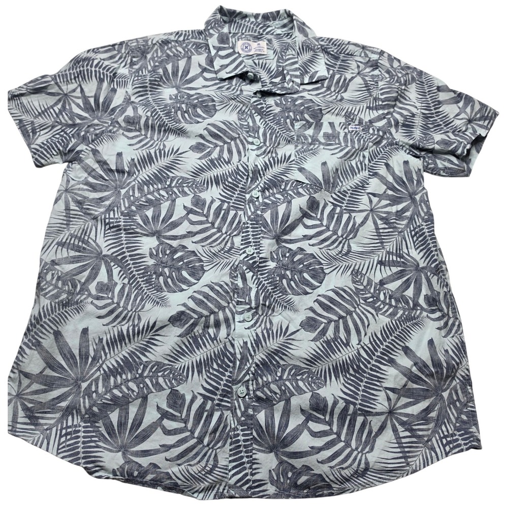 Hurley Mens XL Short Sleeve Button Up Shirt Tropical Palm Leaf Print Blue Green